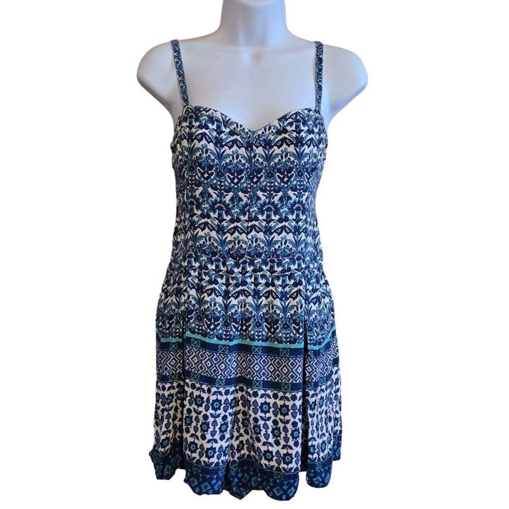 Hollister Blue White Summer Dress Boho Floral Print Sleeveless cottagecore